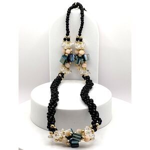 Vintage Shell, Natural Stone, and Crystal Blue, Black, Cream Beaded Necklace